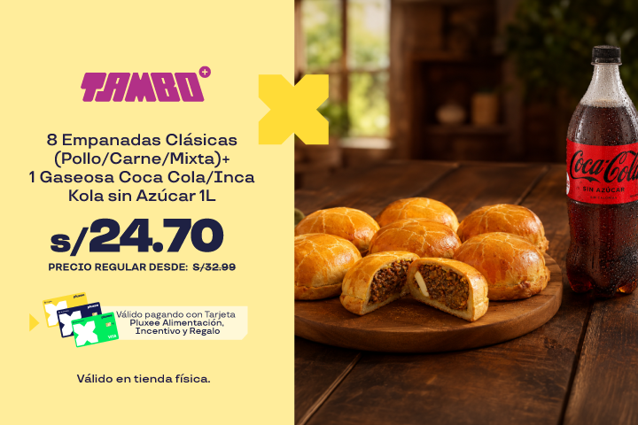 8 EMPANADAS CLÁSICAS (POLLO/CARNE/MIXTA) + 1 GASEOSA COCA COLA/INCA KOLA SIN AZÚCAR 1L A S/24.70.PRECIO REGULAR DESDE: S/32.99